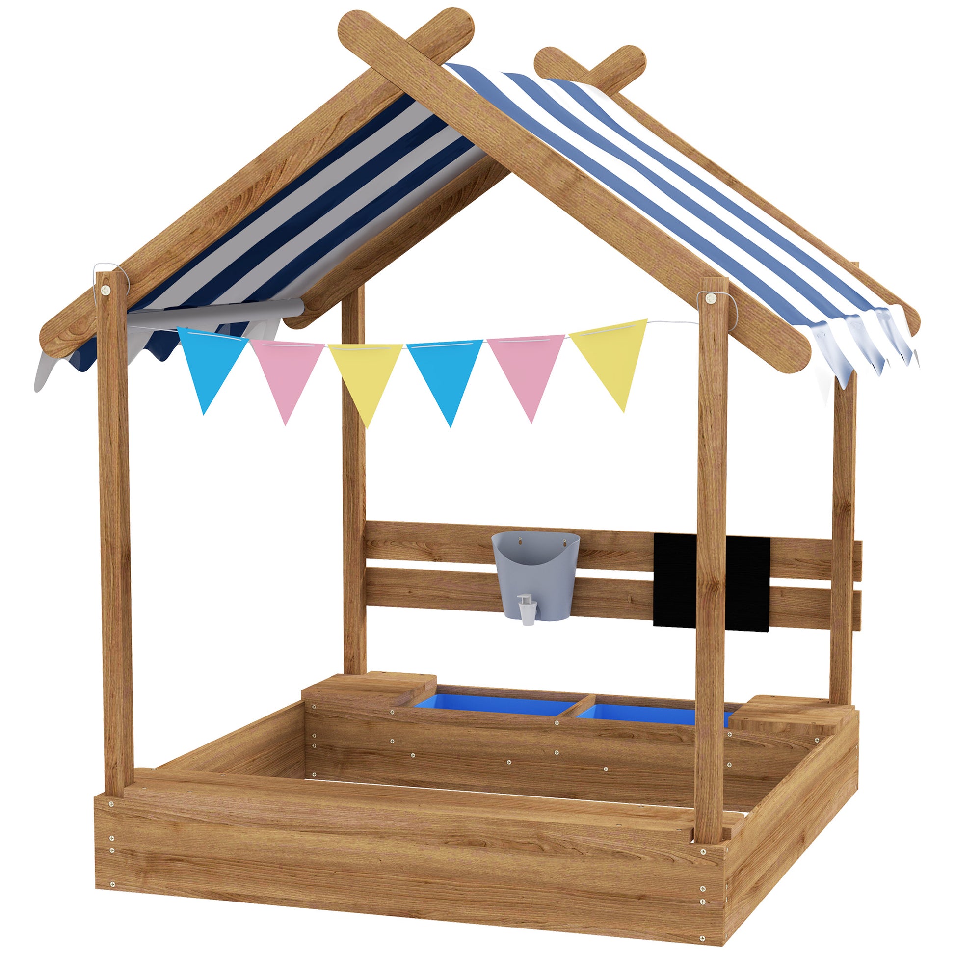 Sandpit with Roof, Wooden Sandbox with Seating Area, Playhouse, 124 x 116 x 146 cm Sandbox with Chalkboard for 3-7 Years Kids, Garden, Brown