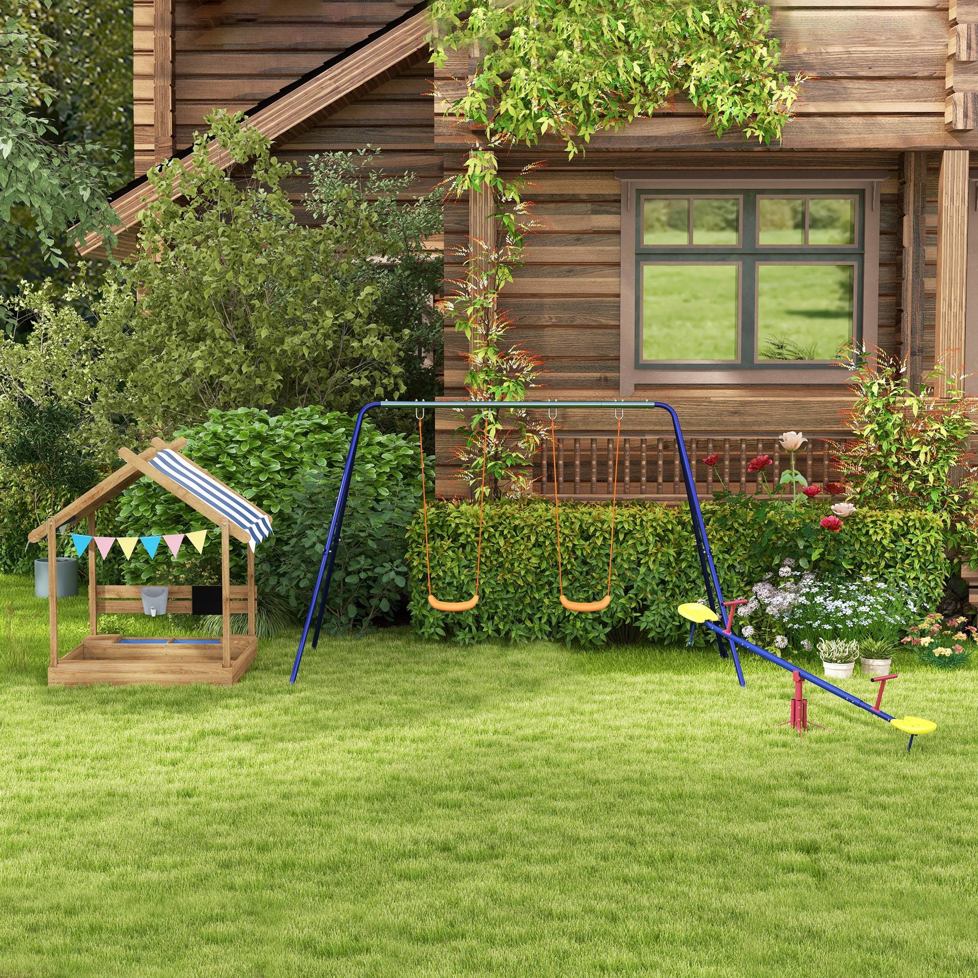 Sandpit with Roof, Wooden Sandbox with Seating Area, Playhouse, 124 x 116 x 146 cm Sandbox with Chalkboard for 3-7 Years Kids, Garden, Brown
