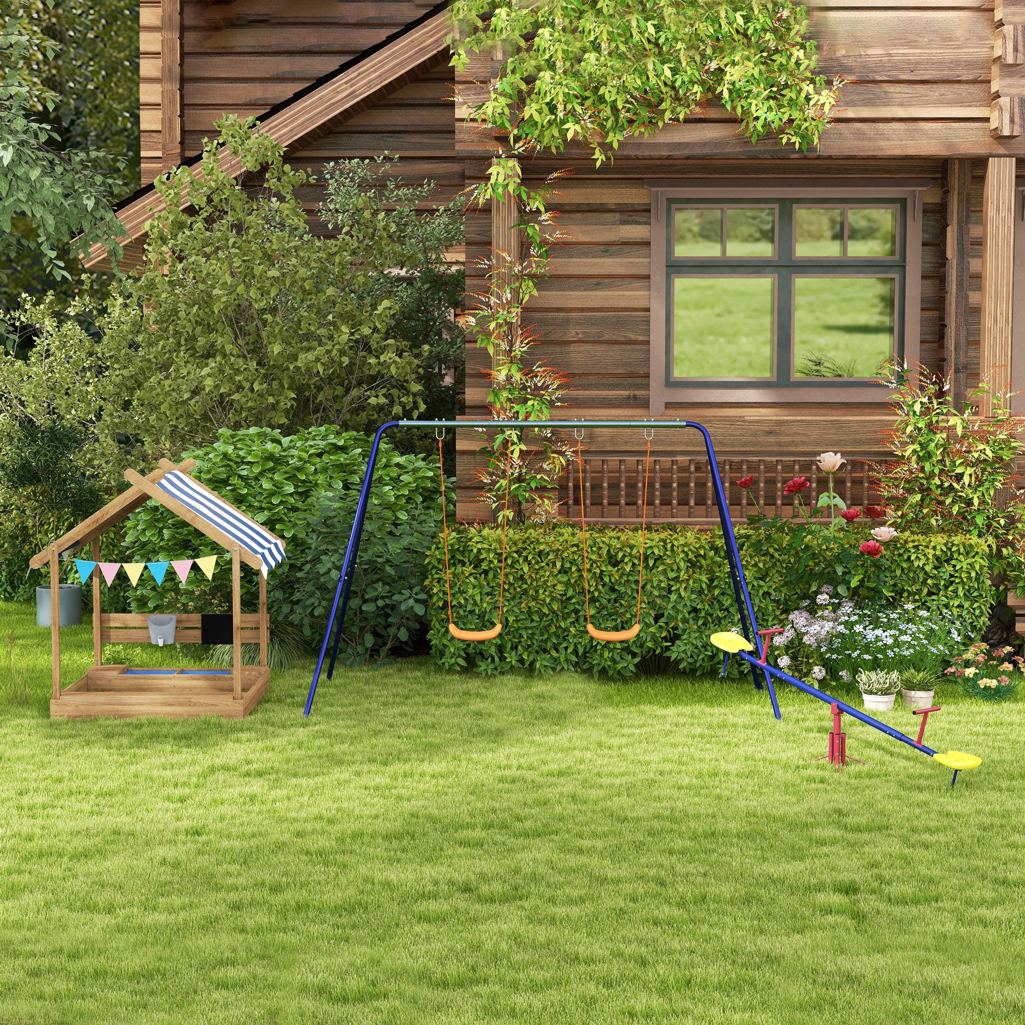 Sandpit with Roof, Wooden Sandbox with Seating Area, Playhouse, 124 x 116 x 146 cm Sandbox with Chalkboard for 3-7 Years Kids, Garden, Brown
