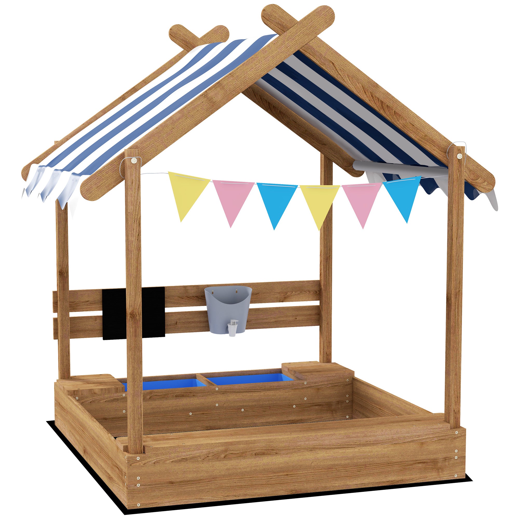 Sandpit with Roof, Wooden Sandbox with Seating Area, Playhouse, 124 x 116 x 146 cm Sandbox with Chalkboard for 3-7 Years Kids, Garden, Brown