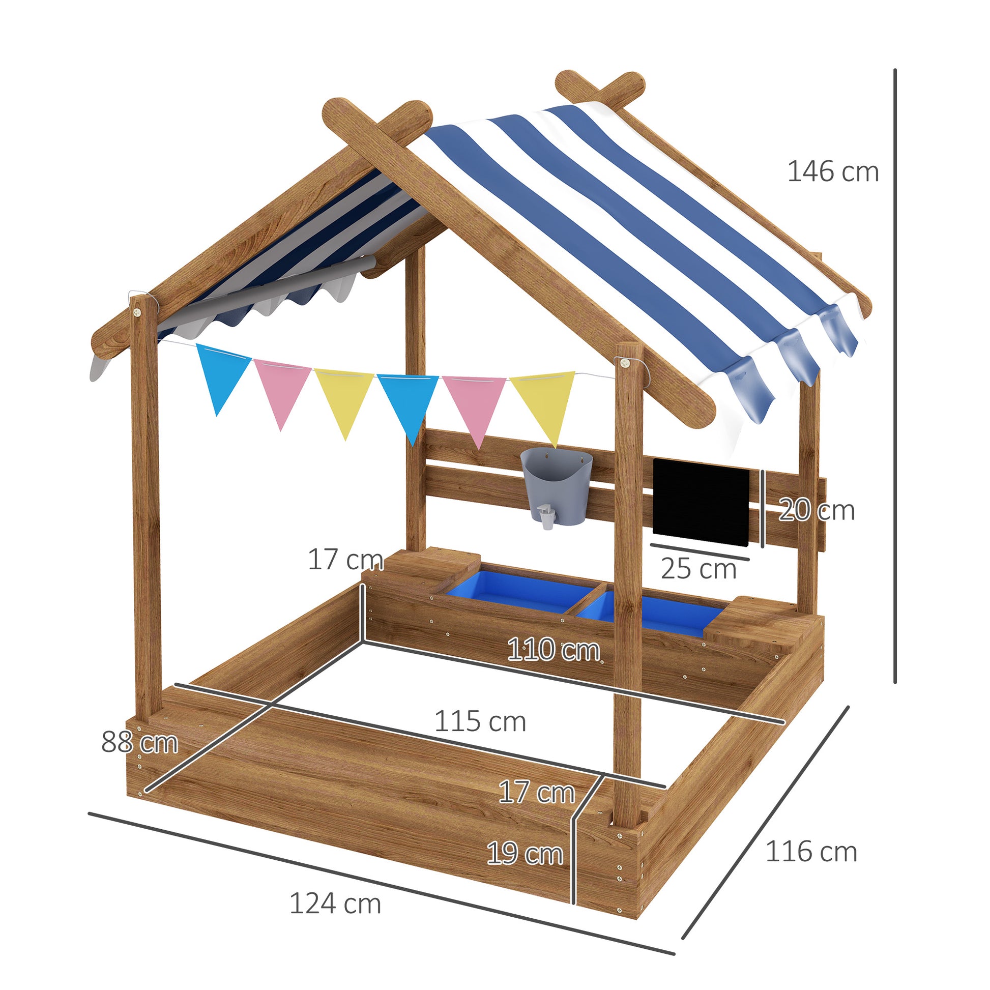 Sandpit with Roof, Wooden Sandbox with Seating Area, Playhouse, 124 x 116 x 146 cm Sandbox with Chalkboard for 3-7 Years Kids, Garden, Brown