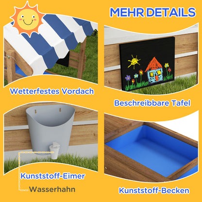 Sandpit with Roof, Wooden Sandbox with Seating Area, Playhouse, 124 x 116 x 146 cm Sandbox with Chalkboard for 3-7 Years Kids, Garden, Brown