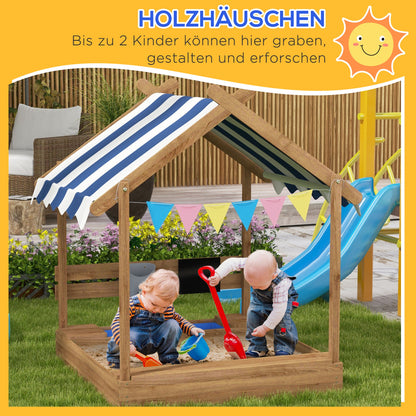 Sandpit with Roof, Wooden Sandbox with Seating Area, Playhouse, 124 x 116 x 146 cm Sandbox with Chalkboard for 3-7 Years Kids, Garden, Brown