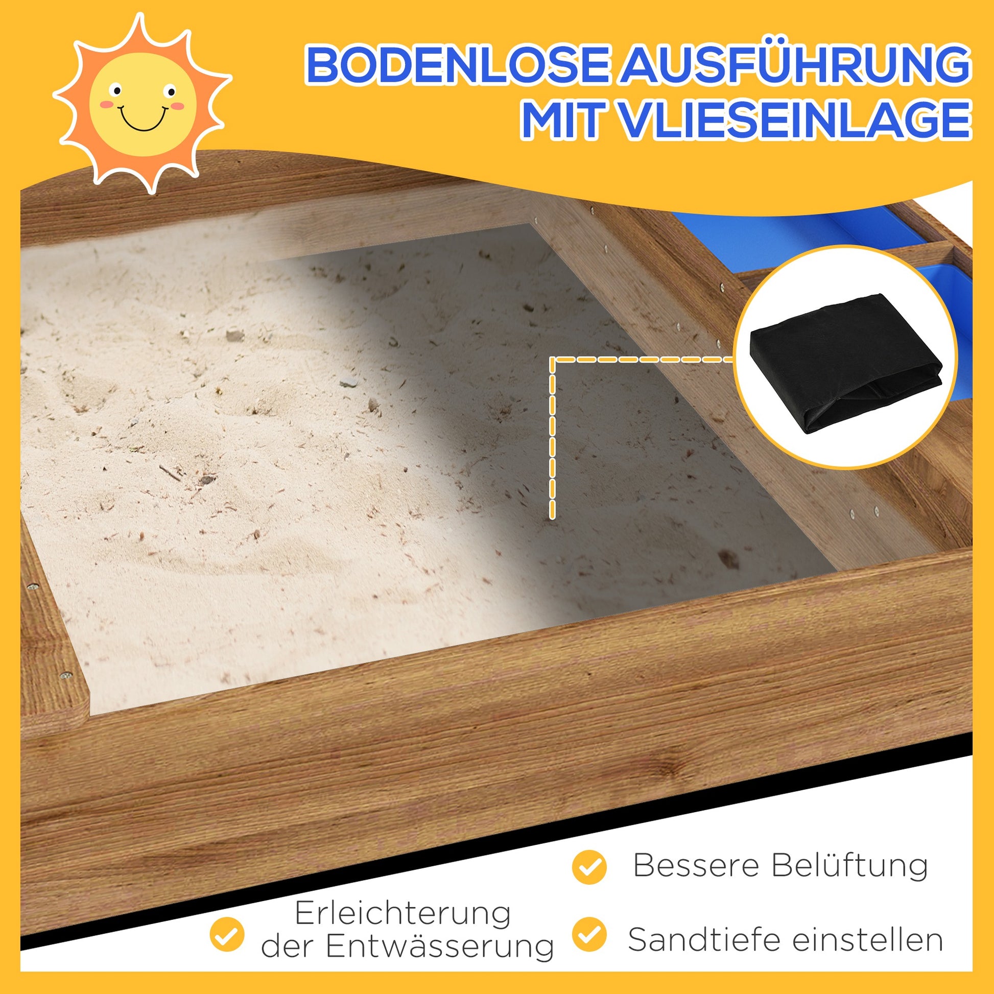 Sandpit with Roof, Wooden Sandbox with Seating Area, Playhouse, 124 x 116 x 146 cm Sandbox with Chalkboard for 3-7 Years Kids, Garden, Brown