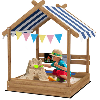 Sandpit with Roof, Wooden Sandbox with Seating Area, Playhouse, 124 x 116 x 146 cm Sandbox with Chalkboard for 3-7 Years Kids, Garden, Brown