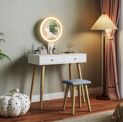 Vanity Makeup Table with LED Lights and Stool Makeup Desk with Adjustable Mirror Brightness 3 Colors 2 Drawers and Organizer Modern Vanity for Bedroom 31.5"x16.9"x52.4" White