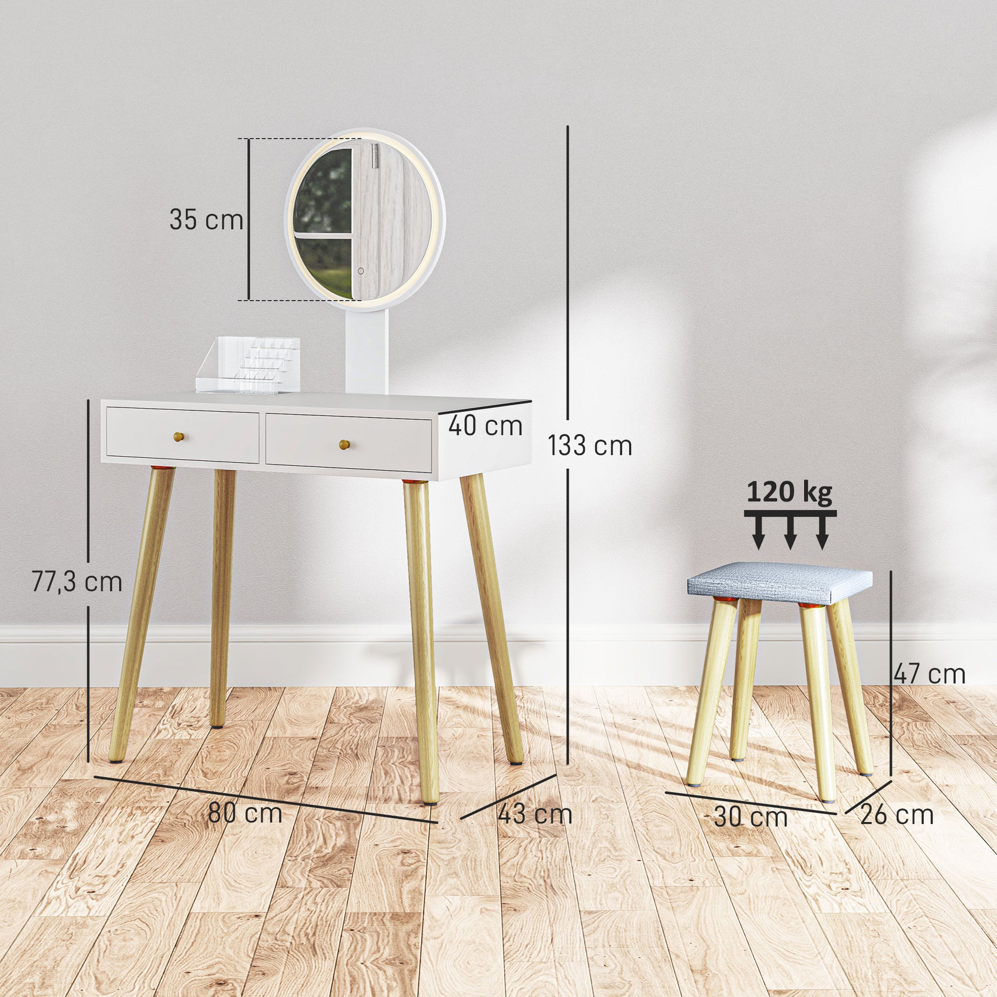 Vanity Makeup Table with LED Lights and Stool Makeup Desk with Adjustable Mirror Brightness 3 Colors 2 Drawers and Organizer Modern Vanity for Bedroom 31.5"x16.9"x52.4" White