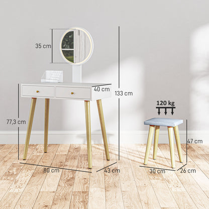Vanity Makeup Table with LED Lights and Stool Makeup Desk with Adjustable Mirror Brightness 3 Colors 2 Drawers and Organizer Modern Vanity for Bedroom 31.5"x16.9"x52.4" White