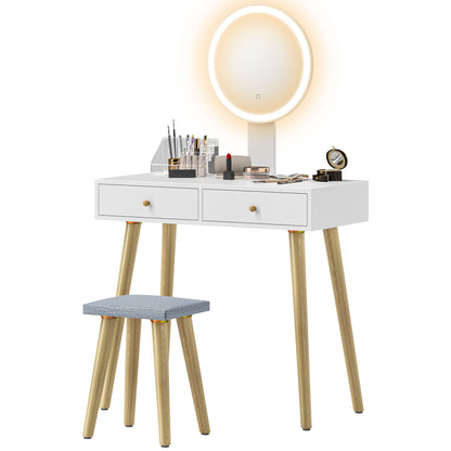 Vanity Makeup Table with LED Lights and Stool Makeup Desk with Adjustable Mirror Brightness 3 Colors 2 Drawers and Organizer Modern Vanity for Bedroom 31.5"x16.9"x52.4" White