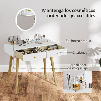 Vanity Makeup Table with LED Lights and Stool Makeup Desk with Adjustable Mirror Brightness 3 Colors 2 Drawers and Organizer Modern Vanity for Bedroom 31.5"x16.9"x52.4" White