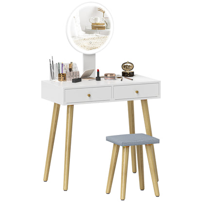 Vanity Makeup Table with LED Lights and Stool Makeup Desk with Adjustable Mirror Brightness 3 Colors 2 Drawers and Organizer Modern Vanity for Bedroom 31.5"x16.9"x52.4" White