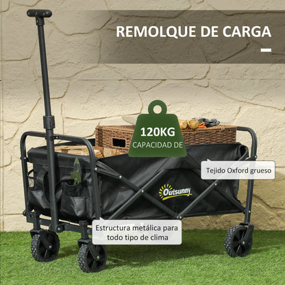 Beach Cart with Wheels Folding Garden Cart Adjustable Telescopic Handle 2 Storage Bags 120 kg Load Transport Cart for All Terrain Garden Camping Black