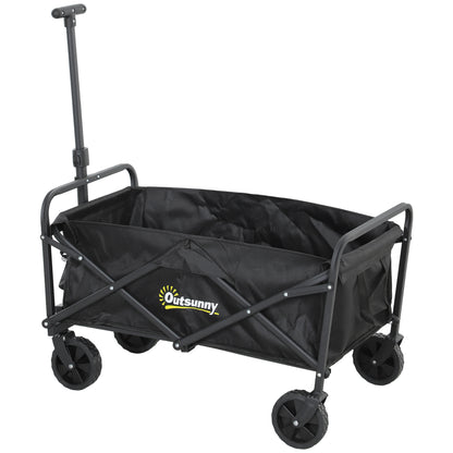 Beach Cart with Wheels Folding Garden Cart Adjustable Telescopic Handle 2 Storage Bags 120 kg Load Transport Cart for All Terrain Garden Camping Black