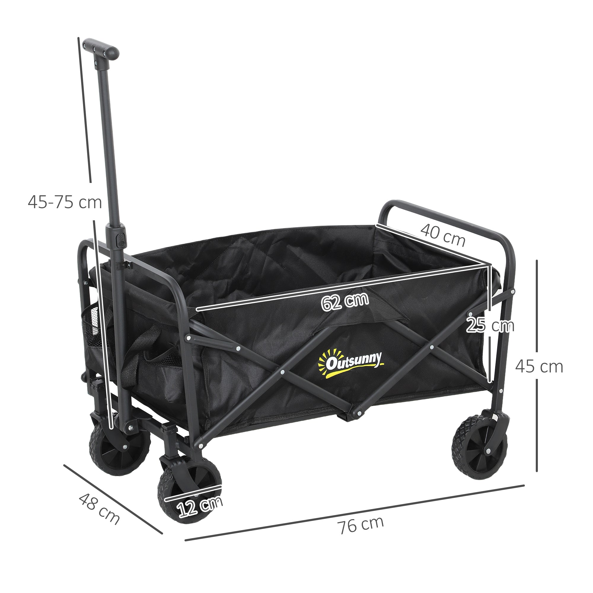 Beach Cart with Wheels Folding Garden Cart Adjustable Telescopic Handle 2 Storage Bags 120 kg Load Transport Cart for All Terrain Garden Camping Black