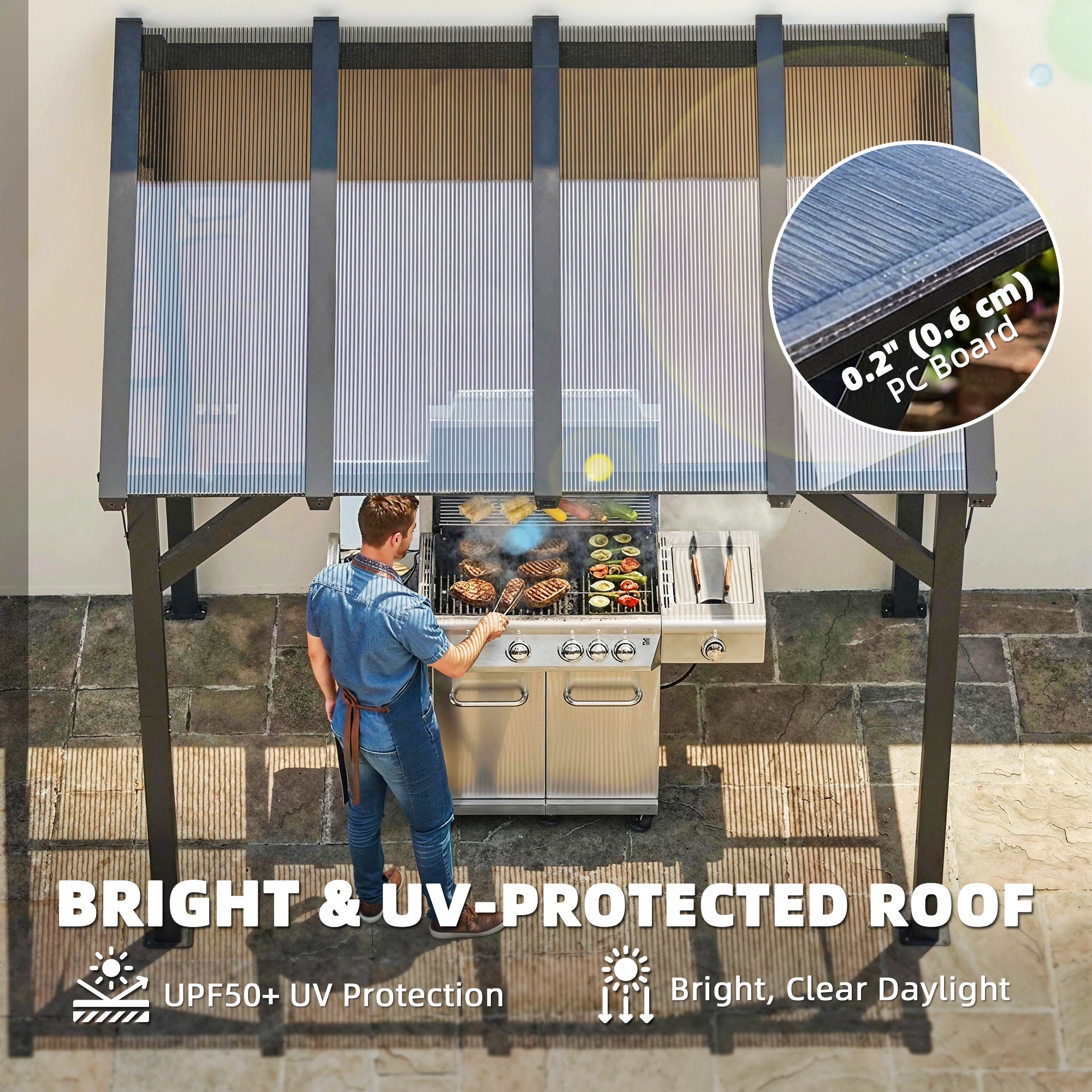 Lean-to BBQ Pavilion, 8.0 ft x 4 ft 10 in x 8.0 ft Patio Canopy with UPF50+ Polycarbonate Roof — Dark Gray
