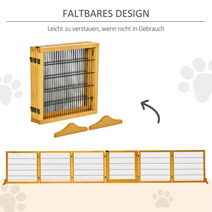 Dog Safety Gate Adjustable Protective Barrier with Feet 432 x 70 cm Wood Dog Gate Foldable Stair Safety Gate Dog Safety Gate for Stairs, Doors, Hallway, 6 Panels, Yellow