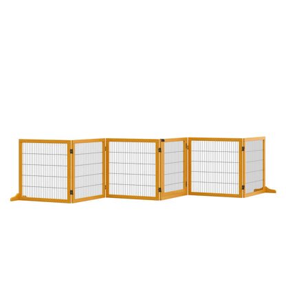 Dog Safety Gate Adjustable Protective Barrier with Feet 432 x 70 cm Wood Dog Gate Foldable Stair Safety Gate Dog Safety Gate for Stairs, Doors, Hallway, 6 Panels, Yellow