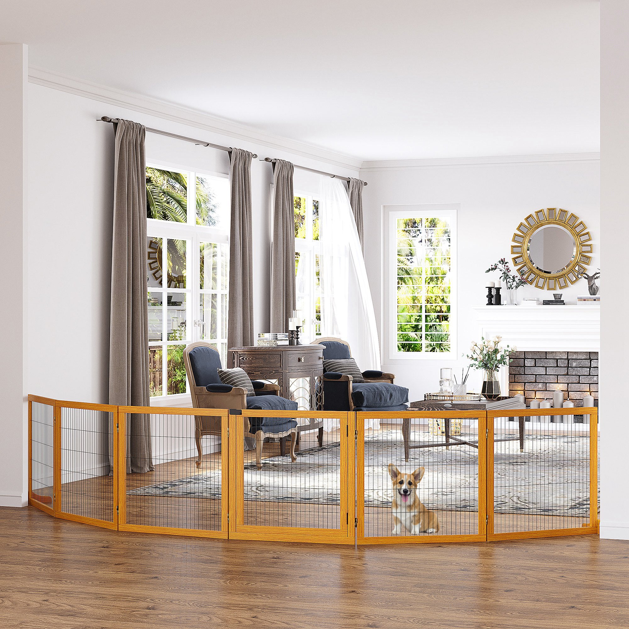 Dog Safety Gate Adjustable Protective Barrier with Feet 432 x 70 cm Wood Dog Gate Foldable Stair Safety Gate Dog Safety Gate for Stairs, Doors, Hallway, 6 Panels, Yellow