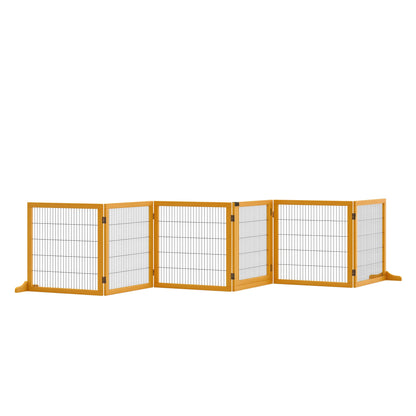 Dog Safety Gate Adjustable Protective Barrier with Feet 432 x 70 cm Wood Dog Gate Foldable Stair Safety Gate Dog Safety Gate for Stairs, Doors, Hallway, 6 Panels, Yellow