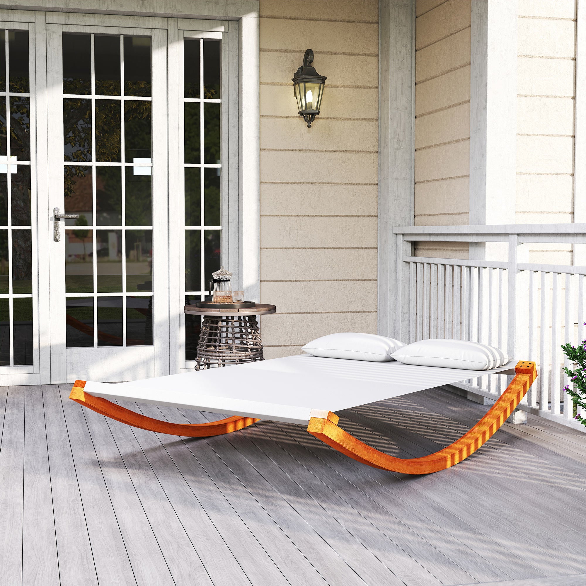 Design Rocking Sun Lounger 2 Seater with 2 Cushions Included Pre-Oiled Larch Wood White Cotton