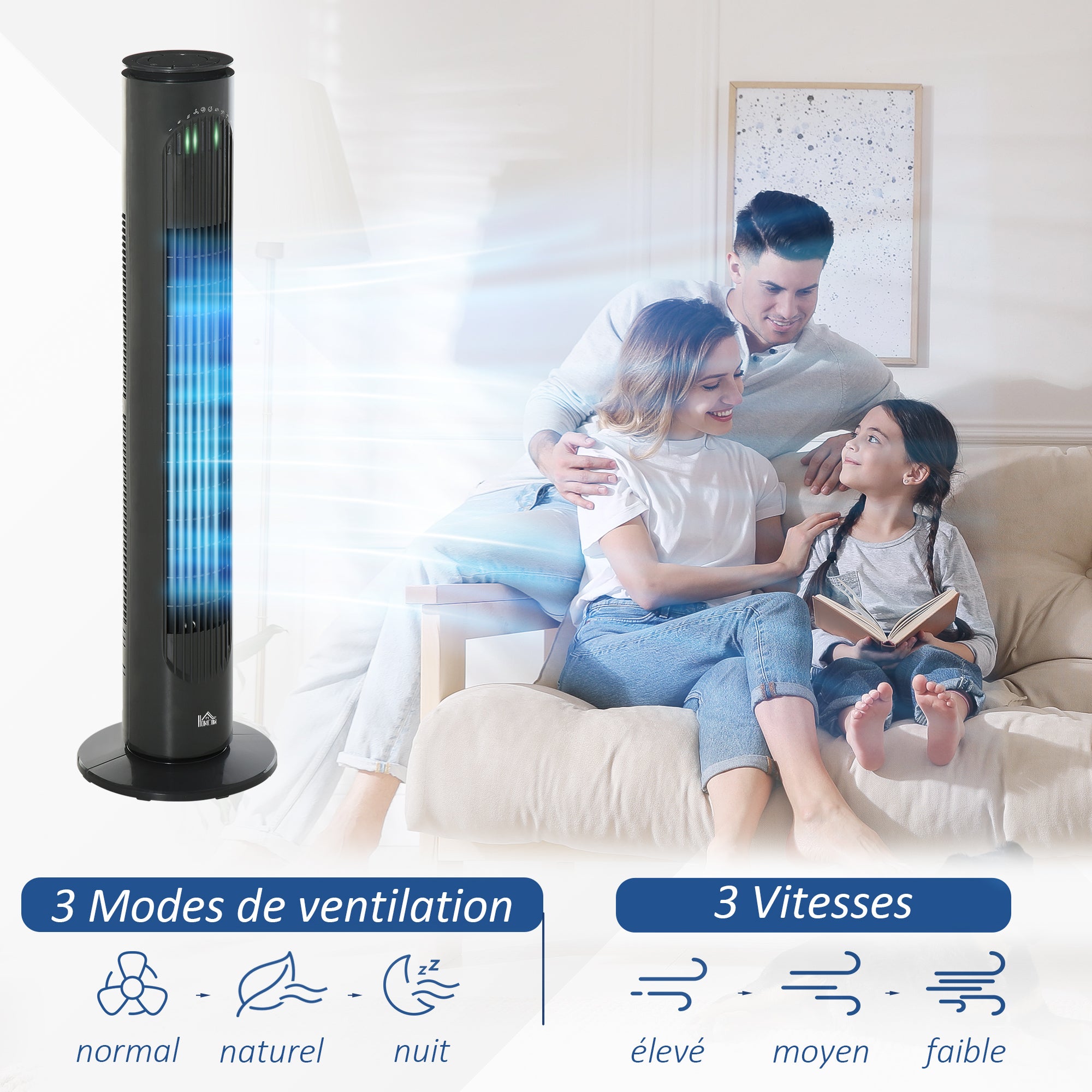 Silent 45 W column fan, tower fan for bedroom with 3 modes 3 speeds, remote control, 70° oscillation and timer, 77H cm dark gray