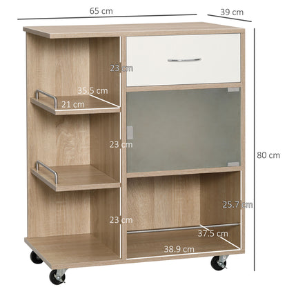 Kitchen Cart, Serving Trolley, 360° Swivel Wheels, Shelves with Barriers, Kitchen Central Island, with Drawer, Shelves, Cupboard, 65 x 39 x 80 cm, Natural