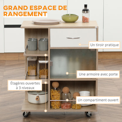 Kitchen Cart, Serving Trolley, 360° Swivel Wheels, Shelves with Barriers, Kitchen Central Island, with Drawer, Shelves, Cupboard, 65 x 39 x 80 cm, Natural