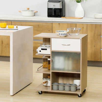 Kitchen Cart, Serving Trolley, 360° Swivel Wheels, Shelves with Barriers, Kitchen Central Island, with Drawer, Shelves, Cupboard, 65 x 39 x 80 cm, Natural