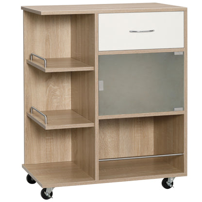 Kitchen Cart, Serving Trolley, 360° Swivel Wheels, Shelves with Barriers, Kitchen Central Island, with Drawer, Shelves, Cupboard, 65 x 39 x 80 cm, Natural
