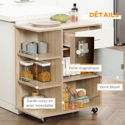 Kitchen Cart, Serving Trolley, 360° Swivel Wheels, Shelves with Barriers, Kitchen Central Island, with Drawer, Shelves, Cupboard, 65 x 39 x 80 cm, Natural