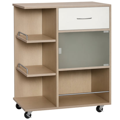 Kitchen Cart, Serving Trolley, 360° Swivel Wheels, Shelves with Barriers, Kitchen Central Island, with Drawer, Shelves, Cupboard, 65 x 39 x 80 cm, Natural