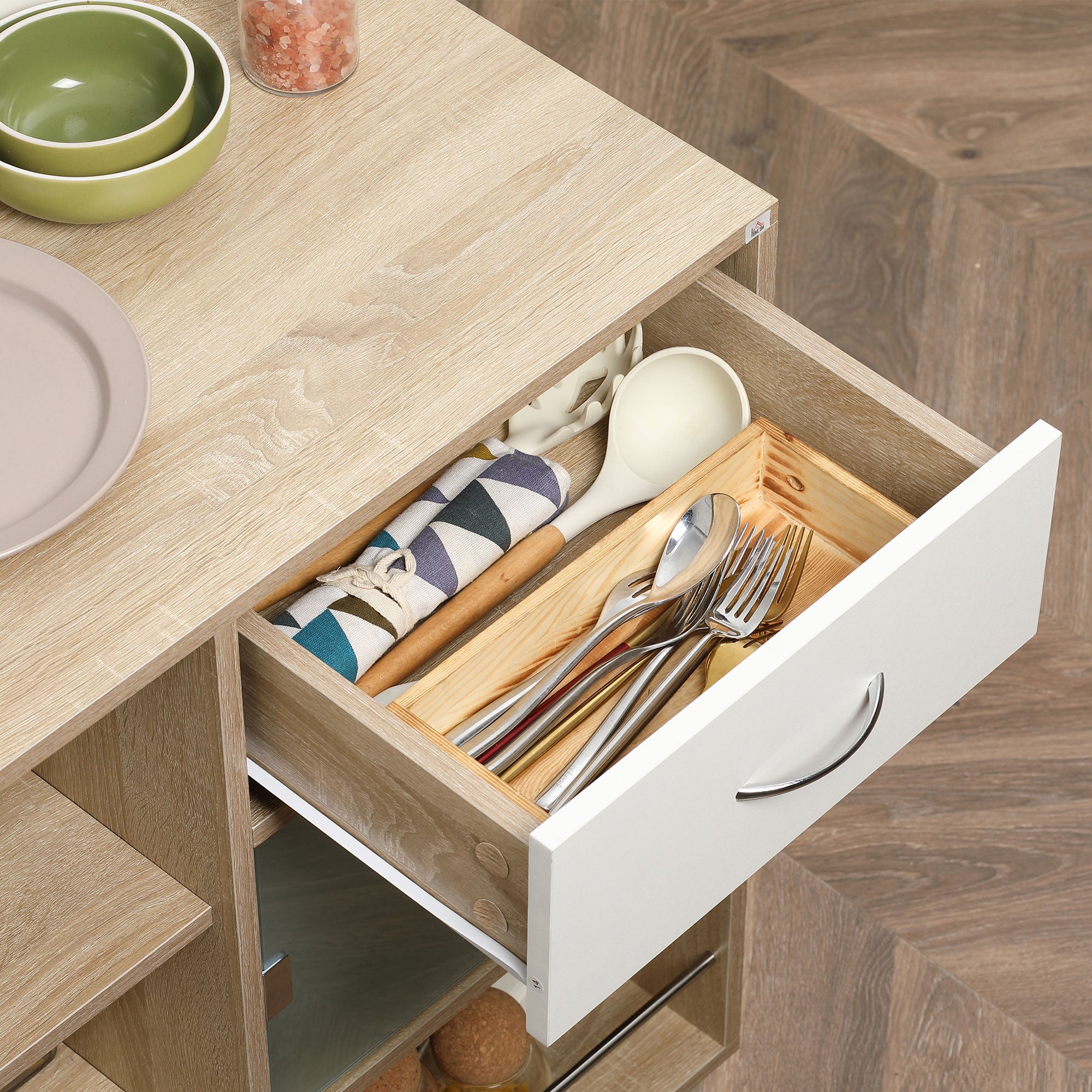 Kitchen Cart, Serving Trolley, 360° Swivel Wheels, Shelves with Barriers, Kitchen Central Island, with Drawer, Shelves, Cupboard, 65 x 39 x 80 cm, Natural