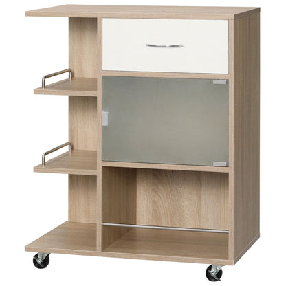 Kitchen Cart, Serving Trolley, 360° Swivel Wheels, Shelves with Barriers, Kitchen Central Island, with Drawer, Shelves, Cupboard, 65 x 39 x 80 cm, Natural