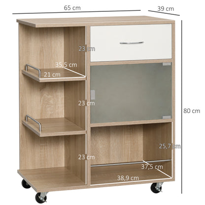 Kitchen Cart, Serving Trolley, 360° Swivel Wheels, Shelves with Barriers, Kitchen Central Island, with Drawer, Shelves, Cupboard, 65 x 39 x 80 cm, Natural