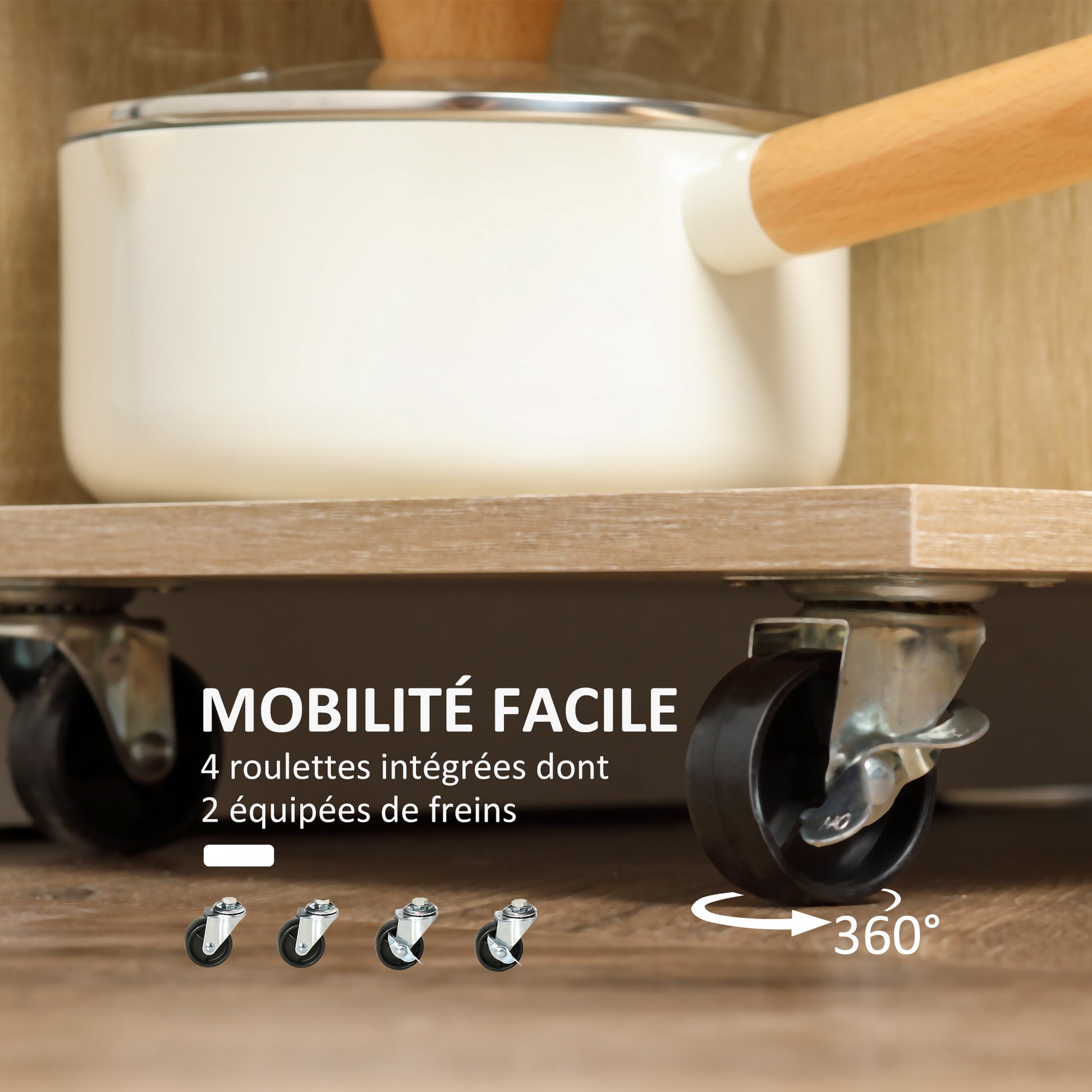 Kitchen Cart, Serving Trolley, 360° Swivel Wheels, Shelves with Barriers, Kitchen Central Island, with Drawer, Shelves, Cupboard, 65 x 39 x 80 cm, Natural