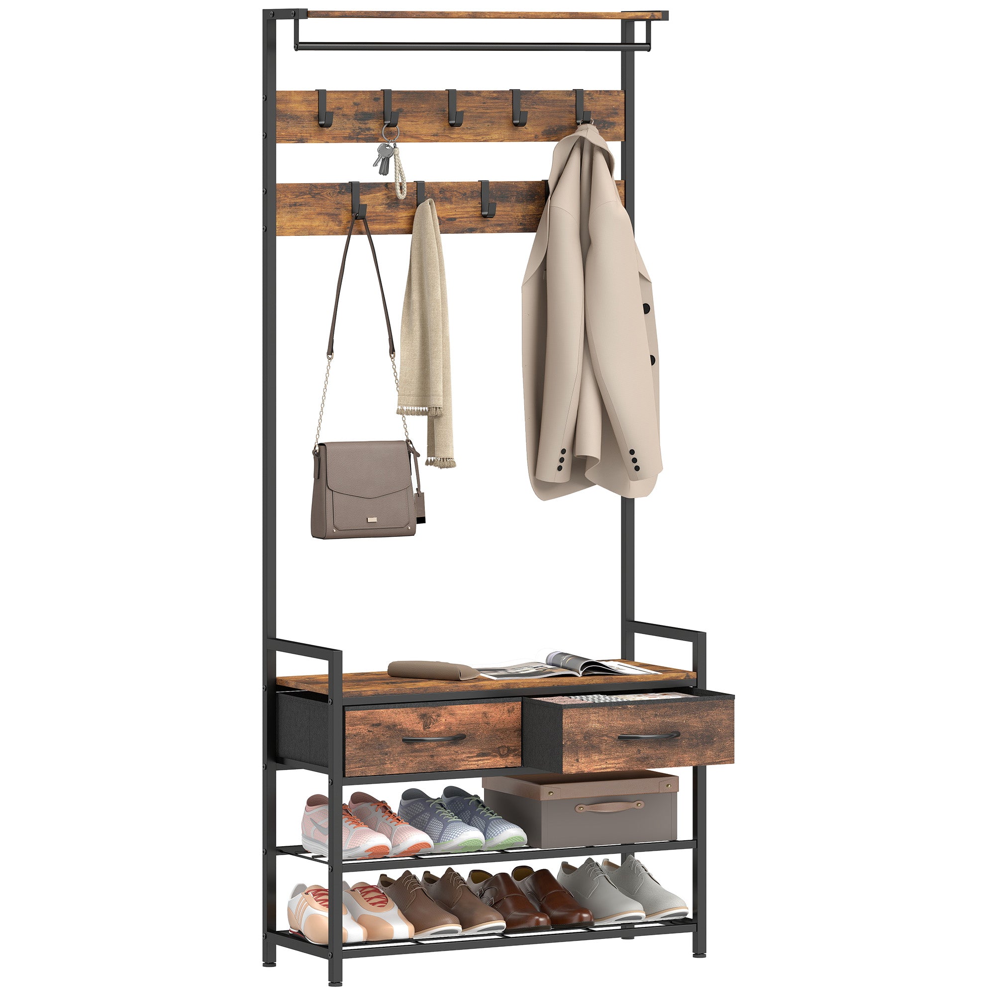 5-in-1 Hall Tree with Shoe Bench & Organizer, Industrial Steel Frame, Rustic Brown