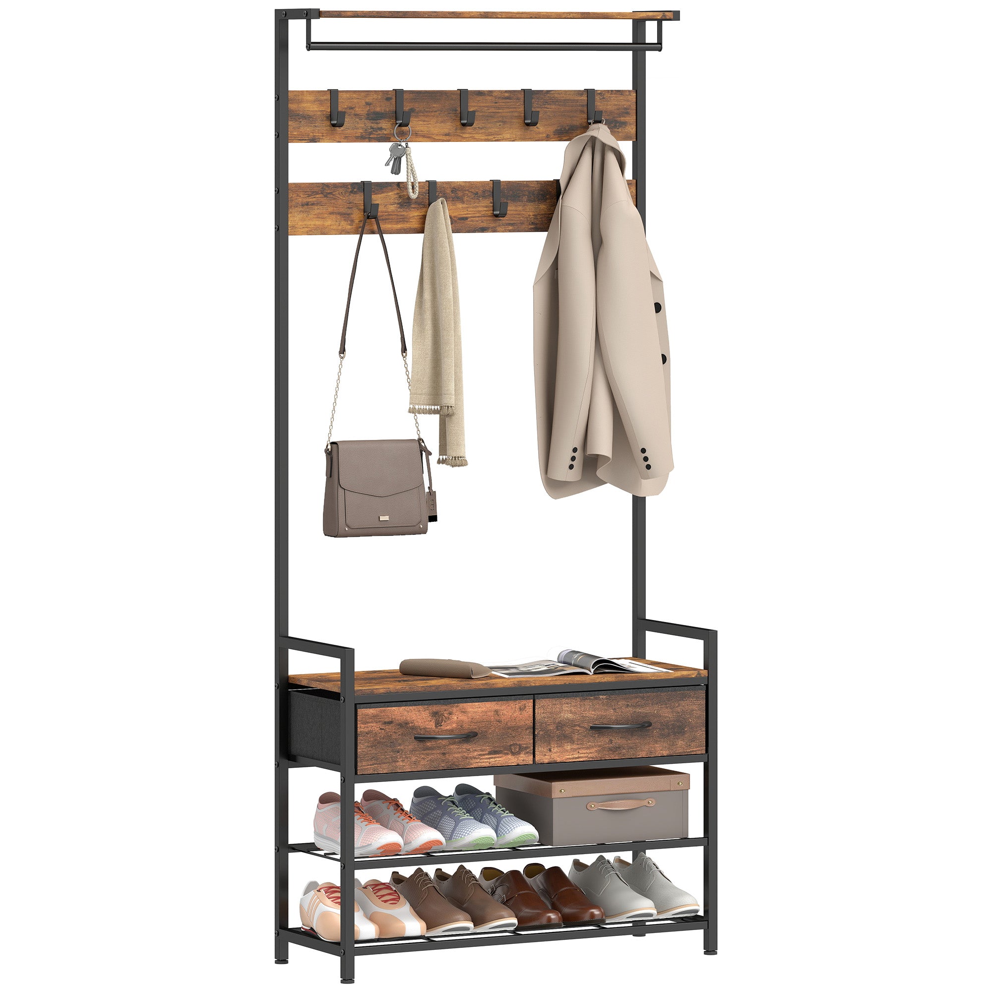 5-in-1 Hall Tree with Shoe Bench & Organizer, Industrial Steel Frame, Rustic Brown