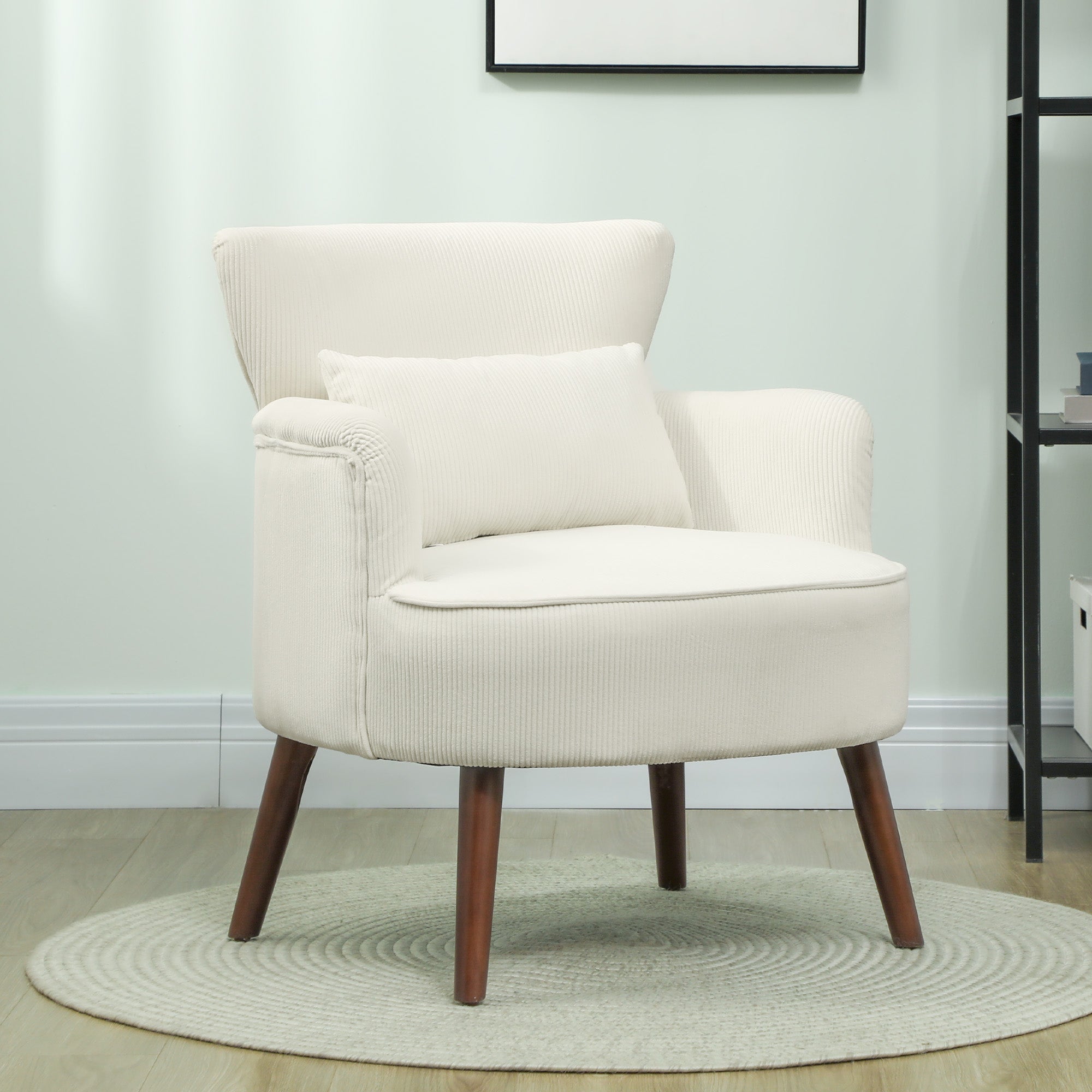 Armchair with Backrest, Rounded Armrests, Padded Lounge Chair with Corduroy Look, Wooden Legs, for Bedroom, Living Room, up to 120 kg, Cream White