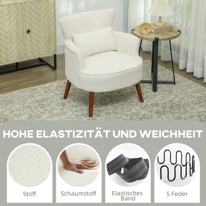 Armchair with Backrest, Rounded Armrests, Padded Lounge Chair with Corduroy Look, Wooden Legs, for Bedroom, Living Room, up to 120 kg, Cream White