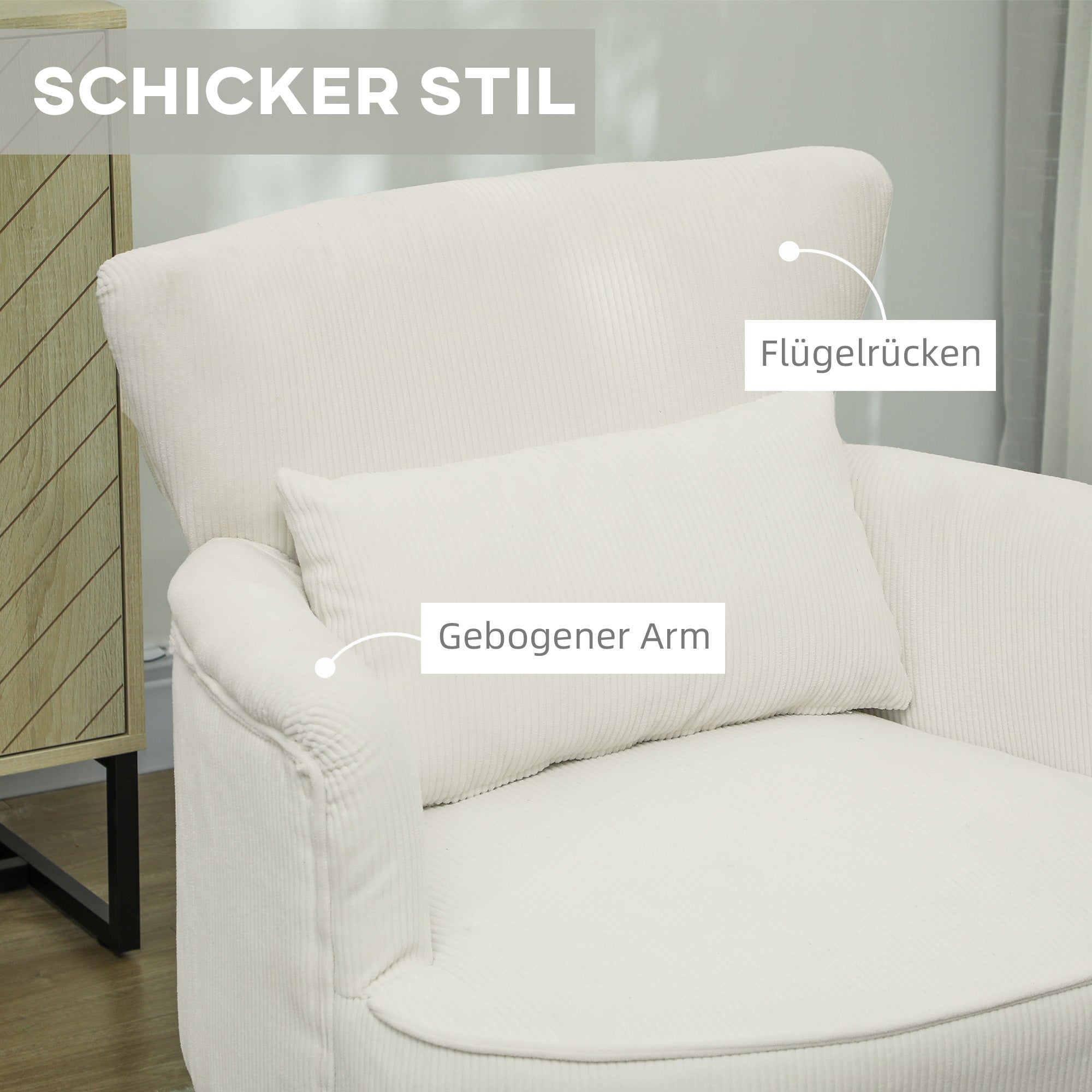 Armchair with Backrest, Rounded Armrests, Padded Lounge Chair with Corduroy Look, Wooden Legs, for Bedroom, Living Room, up to 120 kg, Cream White