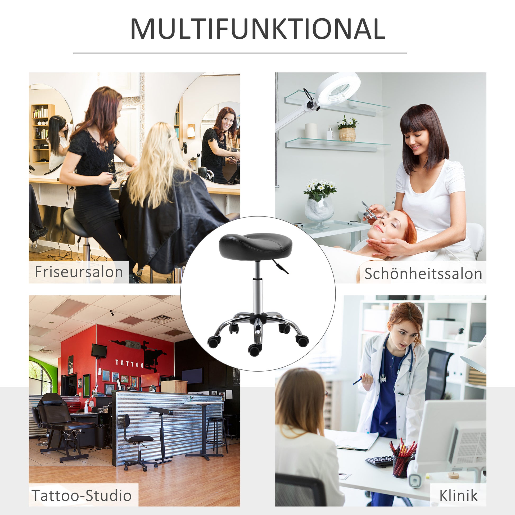 Rolling Stool Adjustable Work Stool with Wheels Swivel Salon Stool for Massage Faux Leather Black 48 x 48 x 54-69 cm