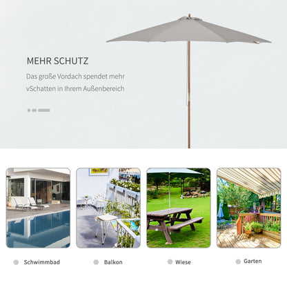 Sun Umbrella Ø 300 cm, Sun Umbrella with UV Protection Balcony Umbrella made of Wood Beach Umbrella stable Market Umbrella Sun Protection for Beach Terrace Garden, Gray