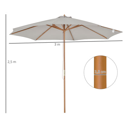 Sun Umbrella Ø 300 cm, Sun Umbrella with UV Protection Balcony Umbrella made of Wood Beach Umbrella stable Market Umbrella Sun Protection for Beach Terrace Garden, Gray