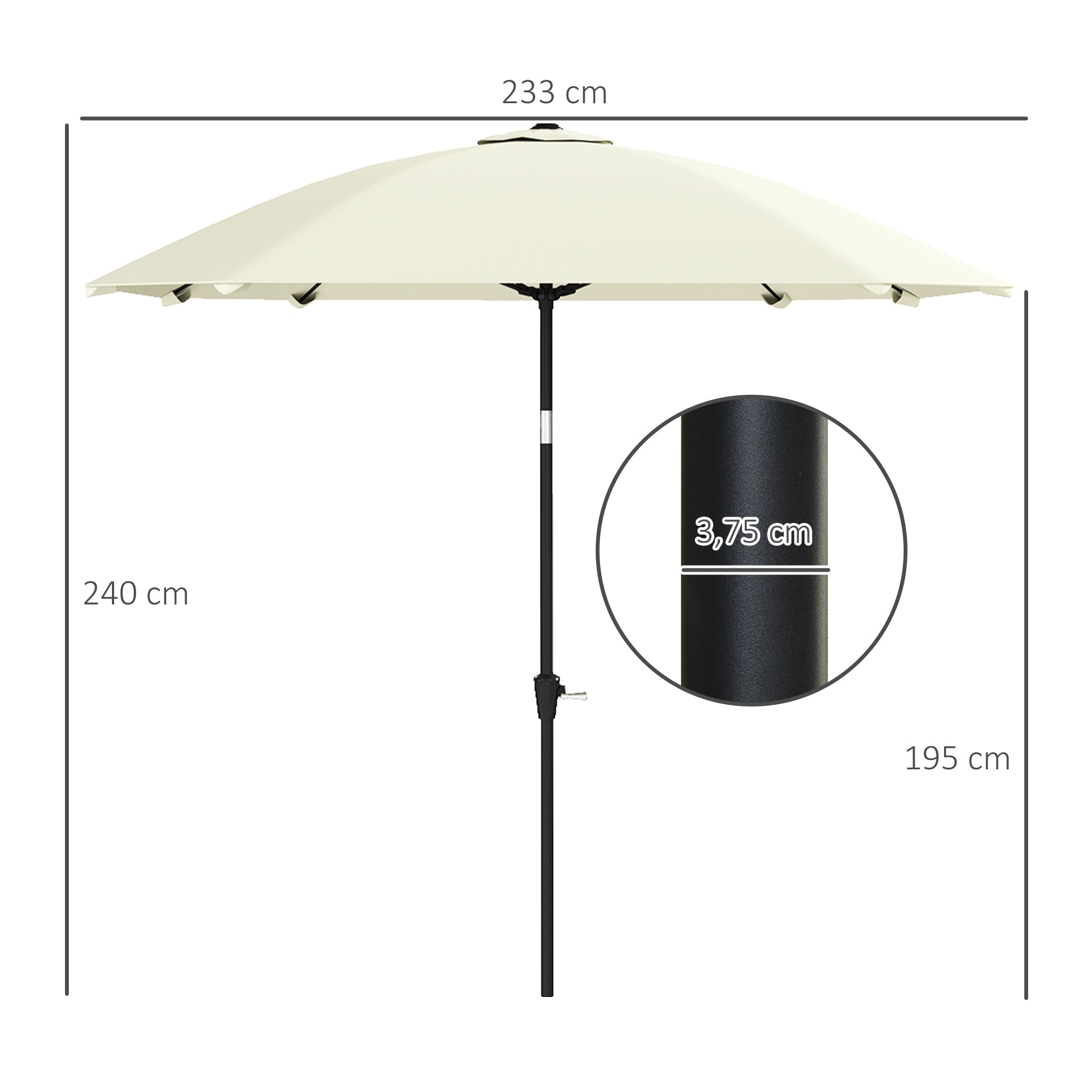Patio Umbrella 233x233 cm Garden Umbrella with Adjustable Angle Waterproof Aluminum Pole Fiberglass Ribs and Crank Parasol for Patio Terrace Cream