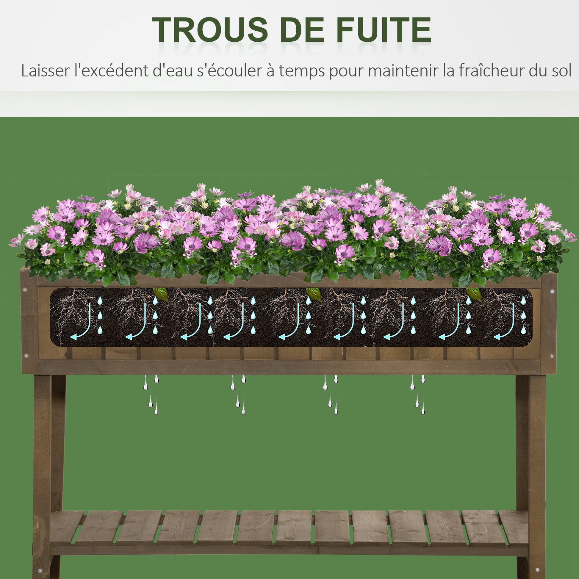 Square Raised Planter with Shelf, size 110L x 46W x 76H cm, 8 Compartments & Irrigation Inserts Fir Wood
