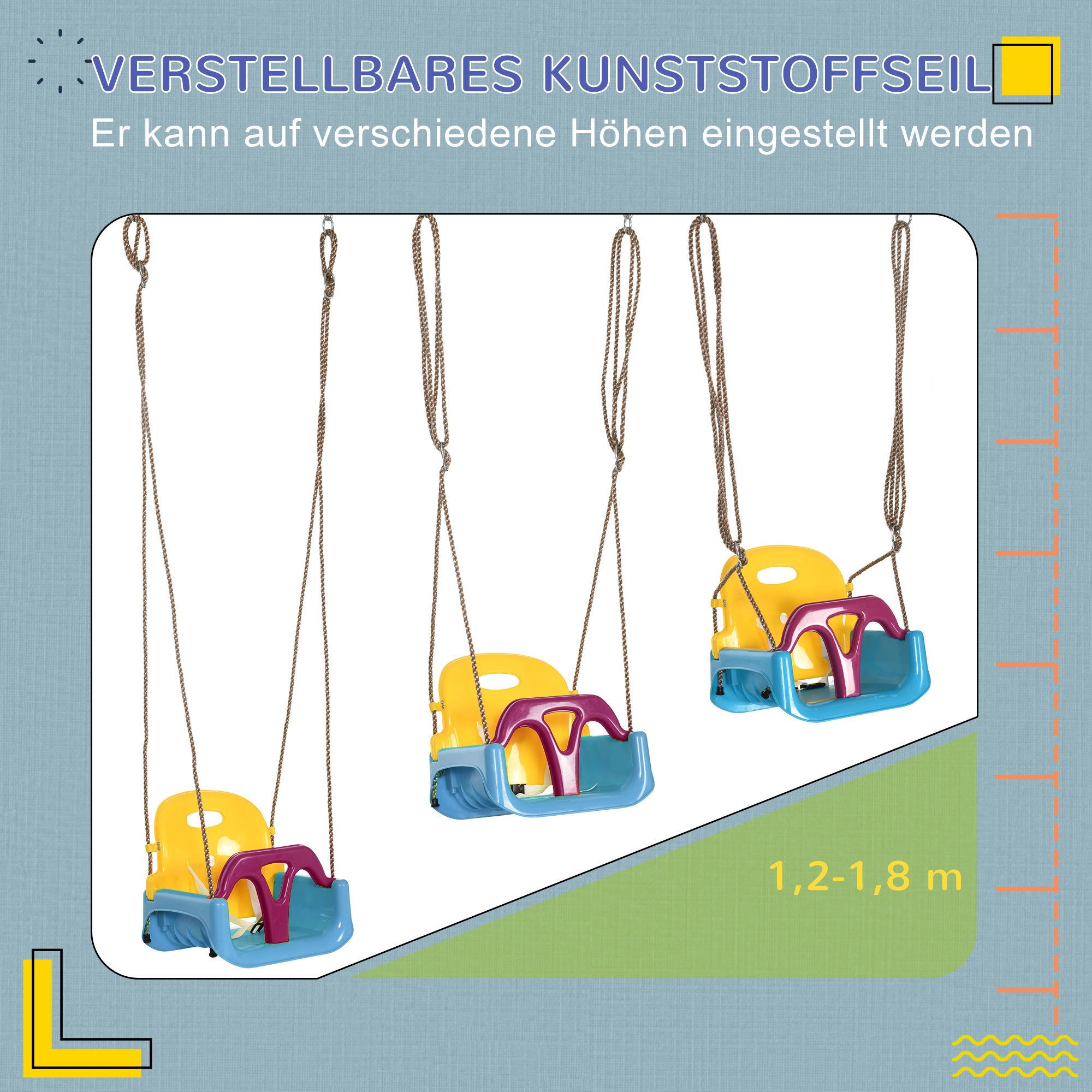 Baby Swing Outdoor 3-in-1, Kids Swing with Adjustable Rope, 120-180 cm Height Adjustable, Swing Seat for Children from 9 Months Onwards, Toddler Swing for Indoor