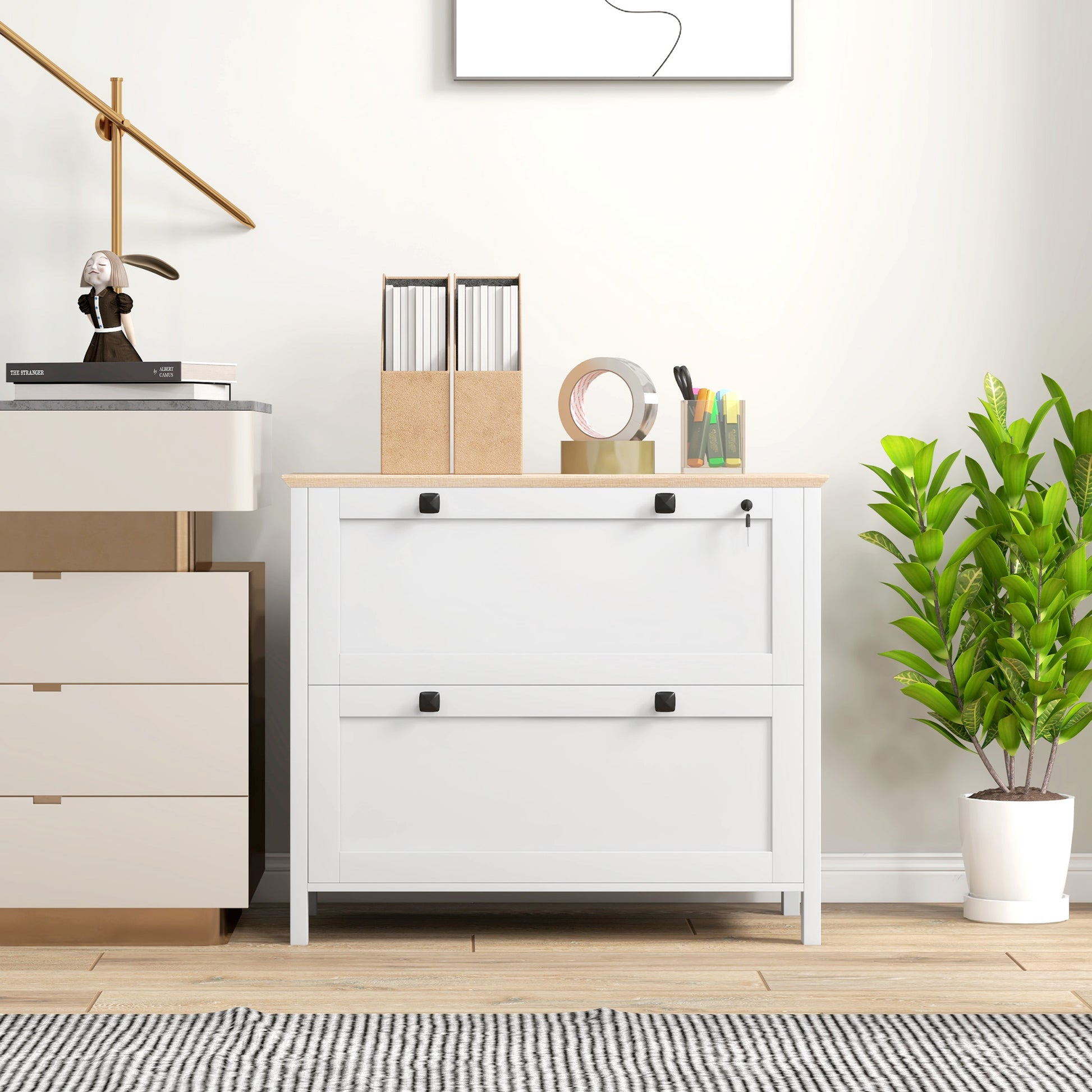 Office Drawer File Cabinet with 2 Drawers 2 Hanging Bars Lock and 2 Keys for A4 Size for Study Living Room 79x40x72 cm White and Oak