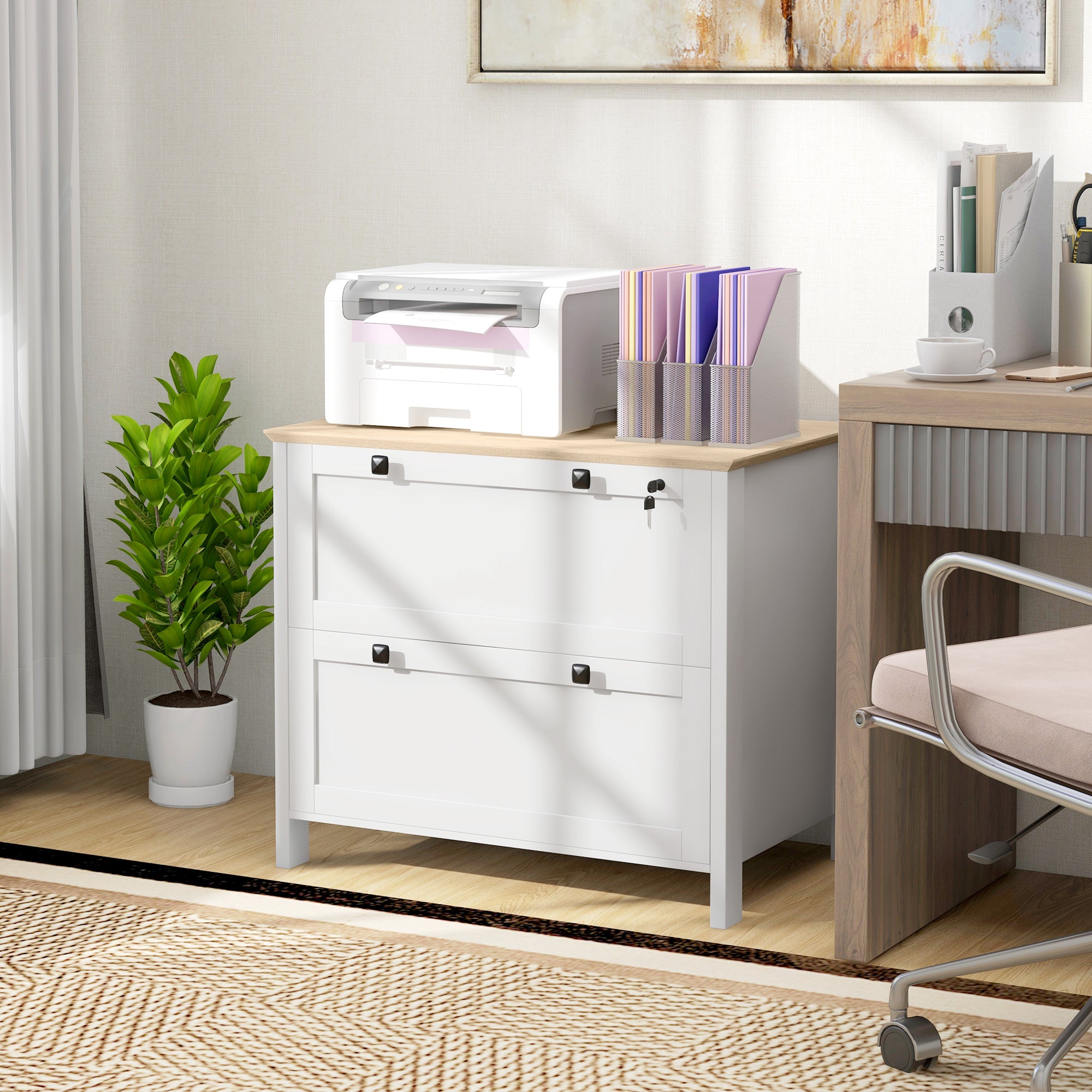 Office Drawer File Cabinet with 2 Drawers 2 Hanging Bars Lock and 2 Keys for A4 Size for Study Living Room 79x40x72 cm White and Oak