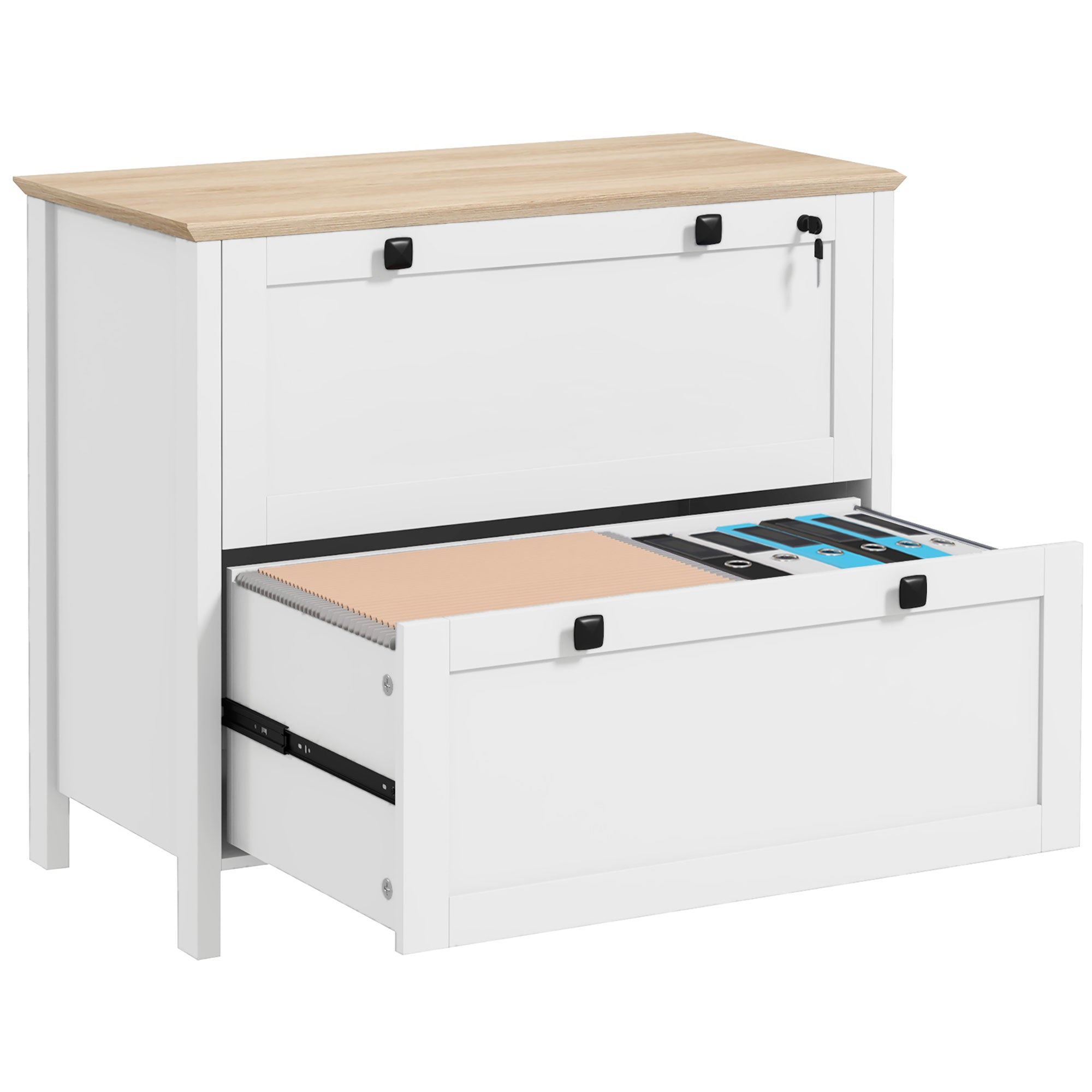Office Drawer File Cabinet with 2 Drawers 2 Hanging Bars Lock and 2 Keys for A4 Size for Study Living Room 79x40x72 cm White and Oak