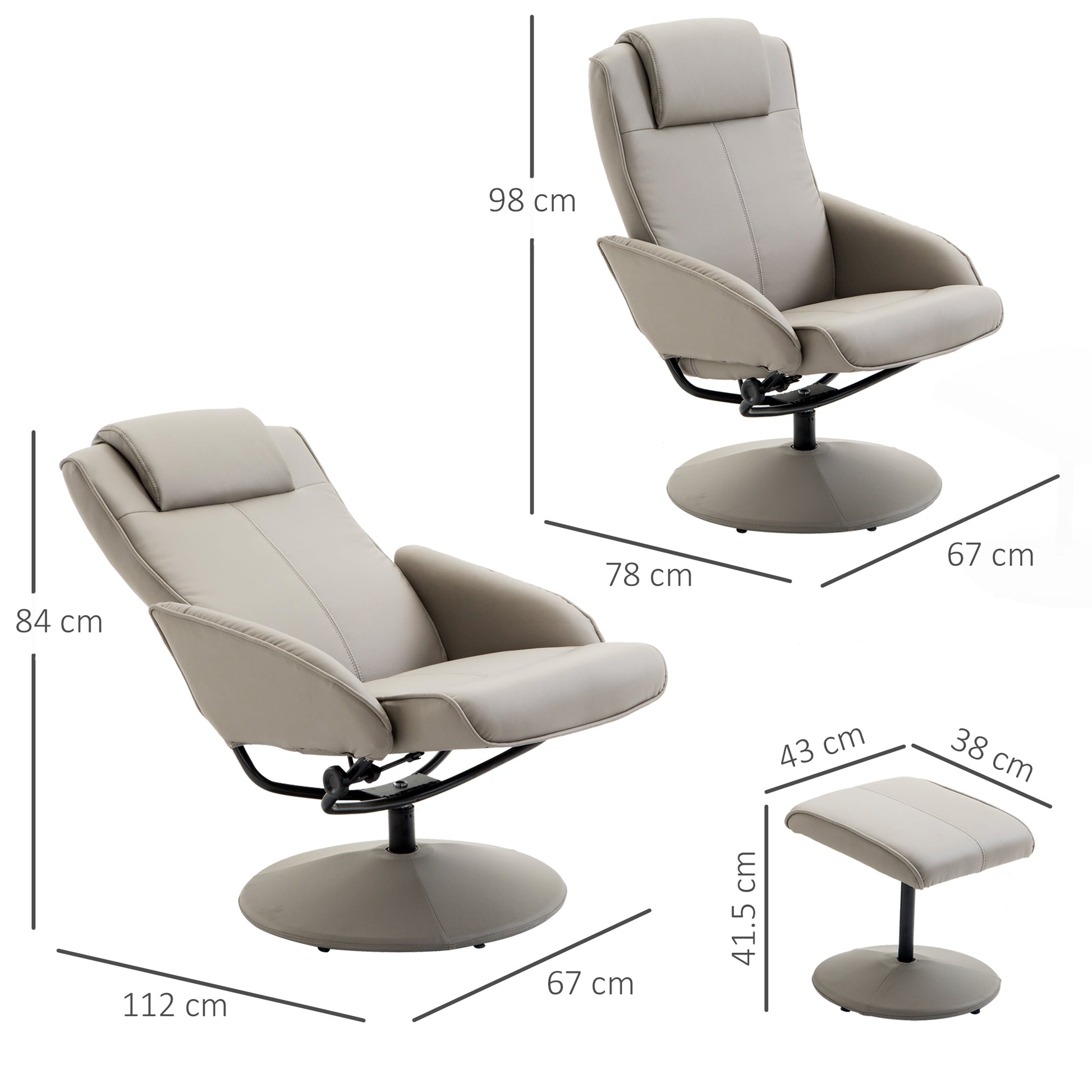 Recliner with Footstool, 360° Swivel TV Chair with Reclining Function, Faux Leather, Reading Chair for Living Room, Bedroom, Gray